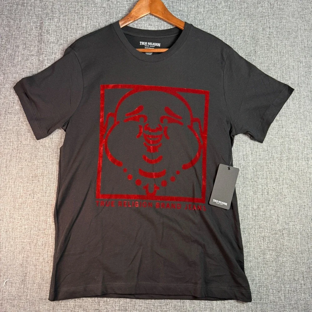 True Religion Buddha Face Graphic‎ Tee Jet Black Red Velvet Print Mens M NWT